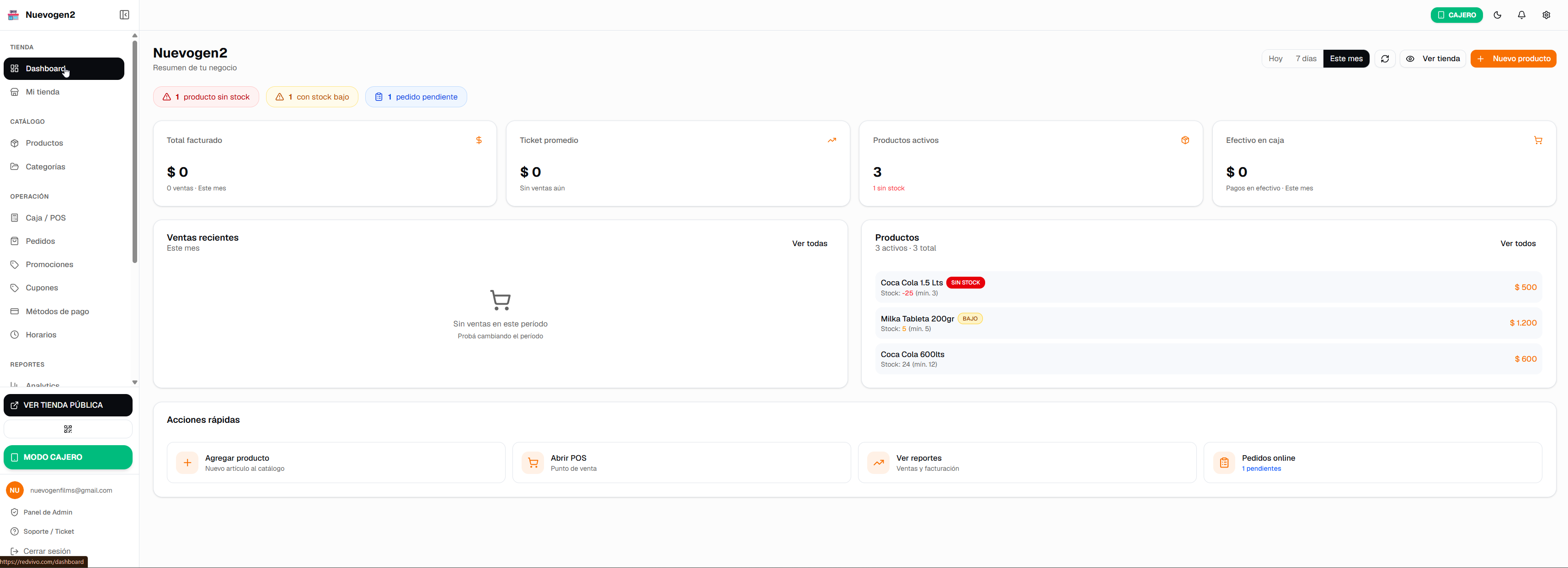 Panel de RedVivo con ventas, stock y reportes